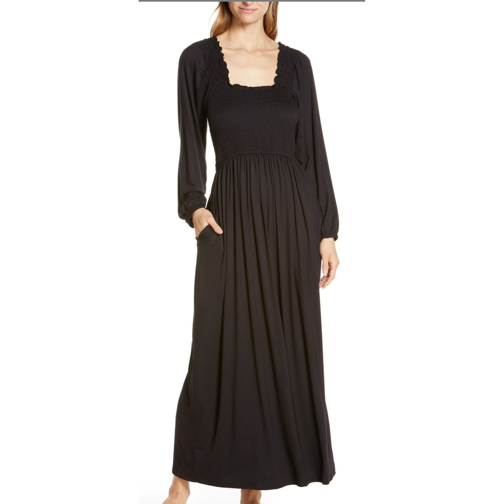 Women's Smocked Bodice Maxi Dress M Black Long Sleeve Pockets‎ Y2K Witchy Goth